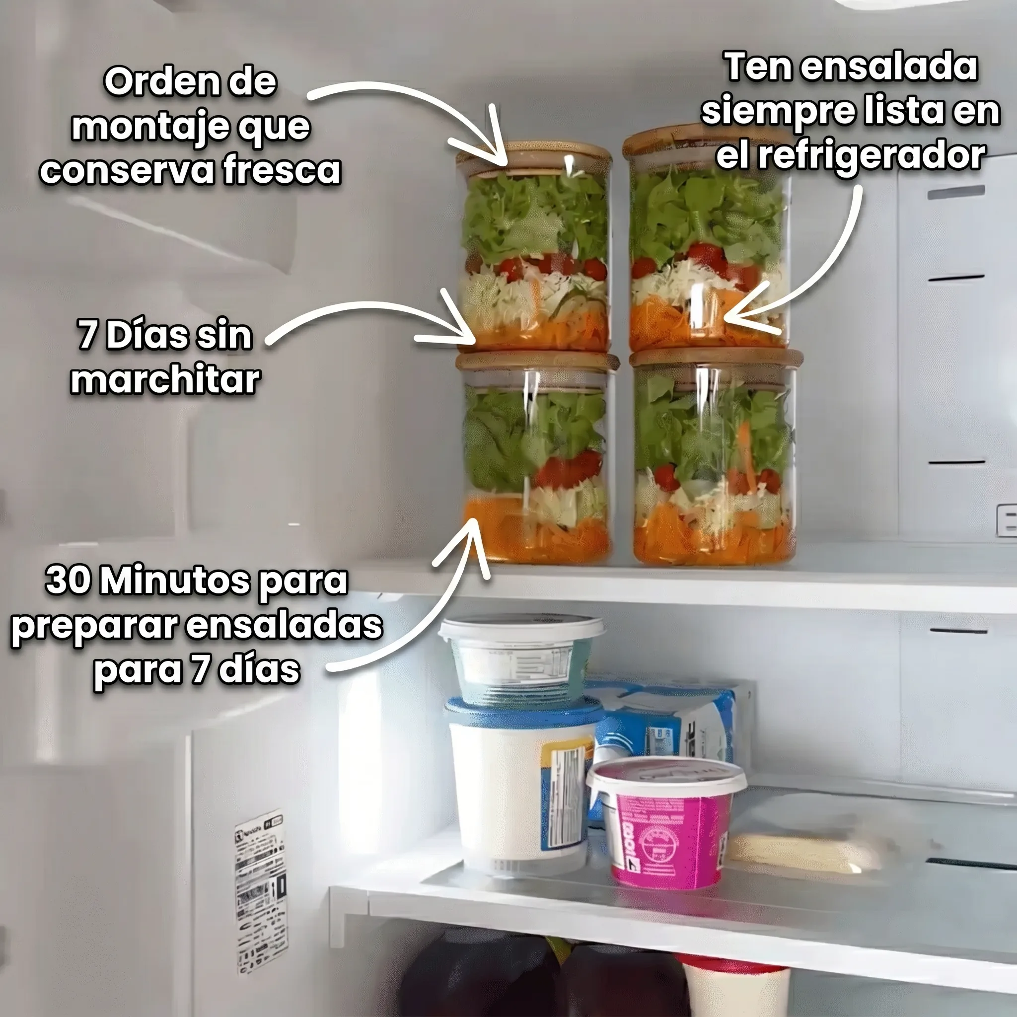 Ensaladas en frasco dentro del refrigerador